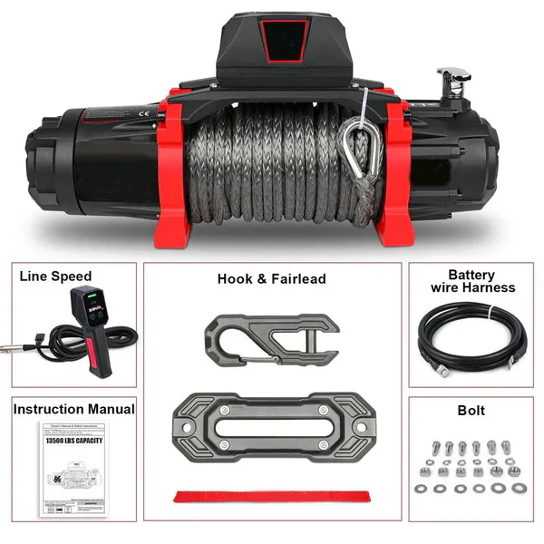 12V Electric Winch 13,500 LBS with Synthetic Rope & 2-in-1 Wireless Remote for Off-Road, Towing, and Trucks - Image 6